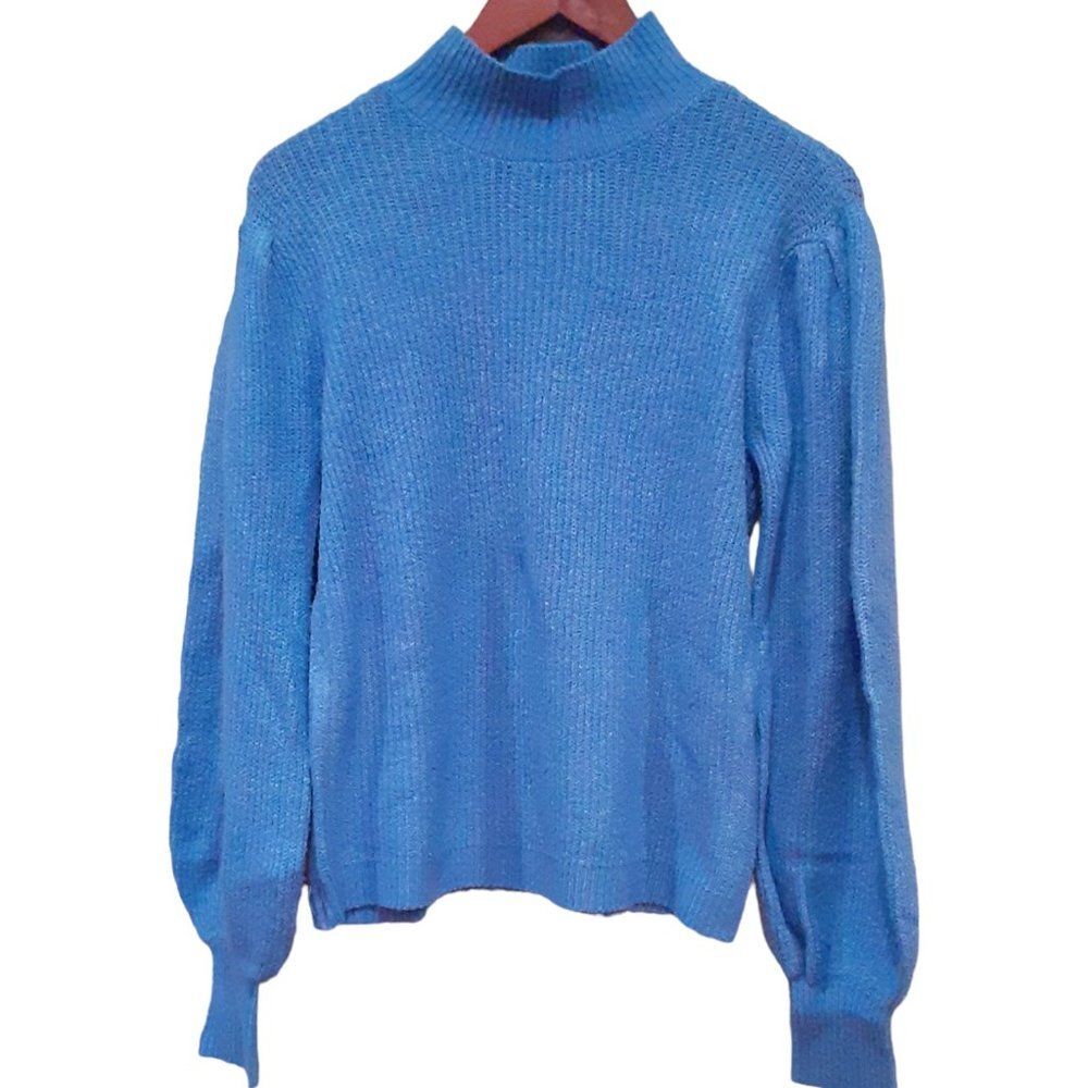 NWT Marled Blue Mock Neck Chunky Knit Sweater Balloon Sleeve Cozy Pullover